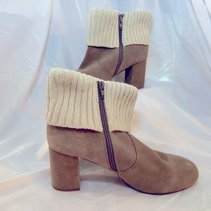 Torrid booties with sweater cuff. Suede. Tan. Size 10.